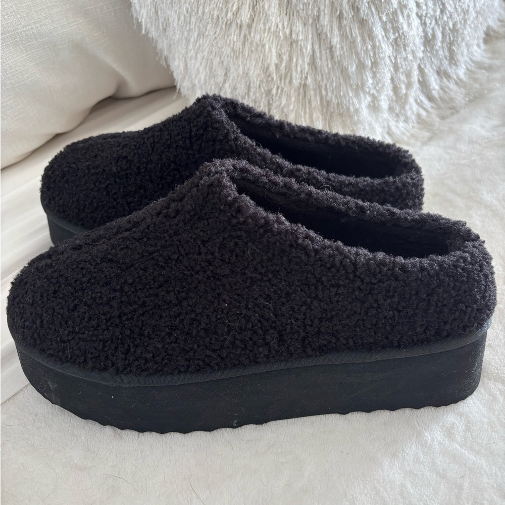 Faux shearling slip on platform shoe